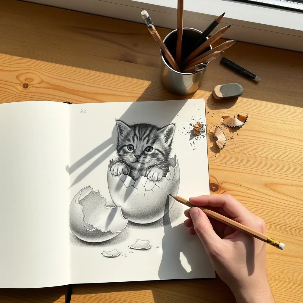 Pencil kitten emerging from a large cracked eggshell on the page