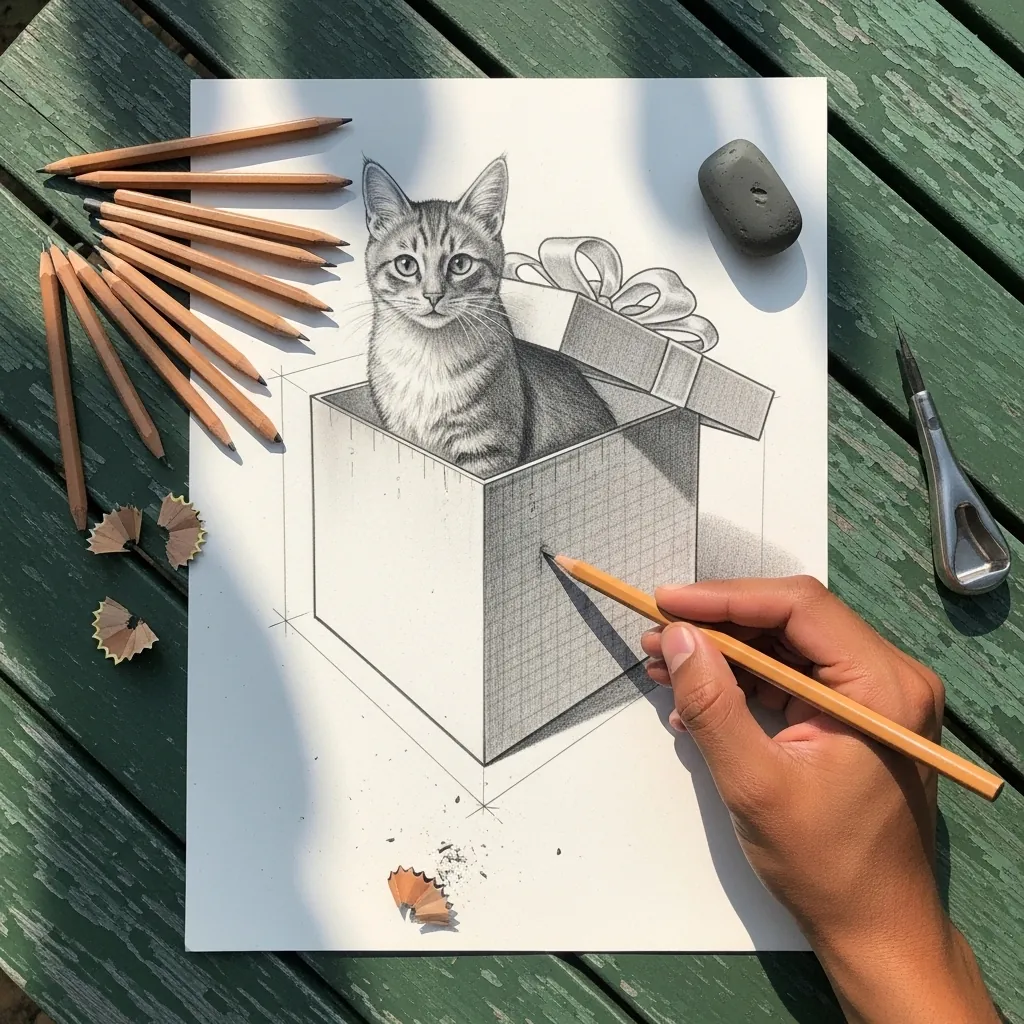 Graphite cat sitting inside an open cube shaped gift box in perspective