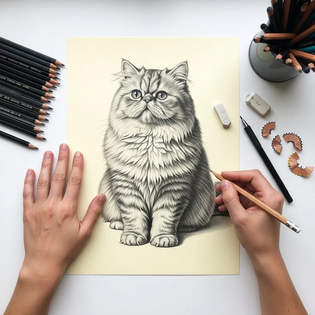 Detailed graphite drawing of a fluffy Persian cat on cream toned paper