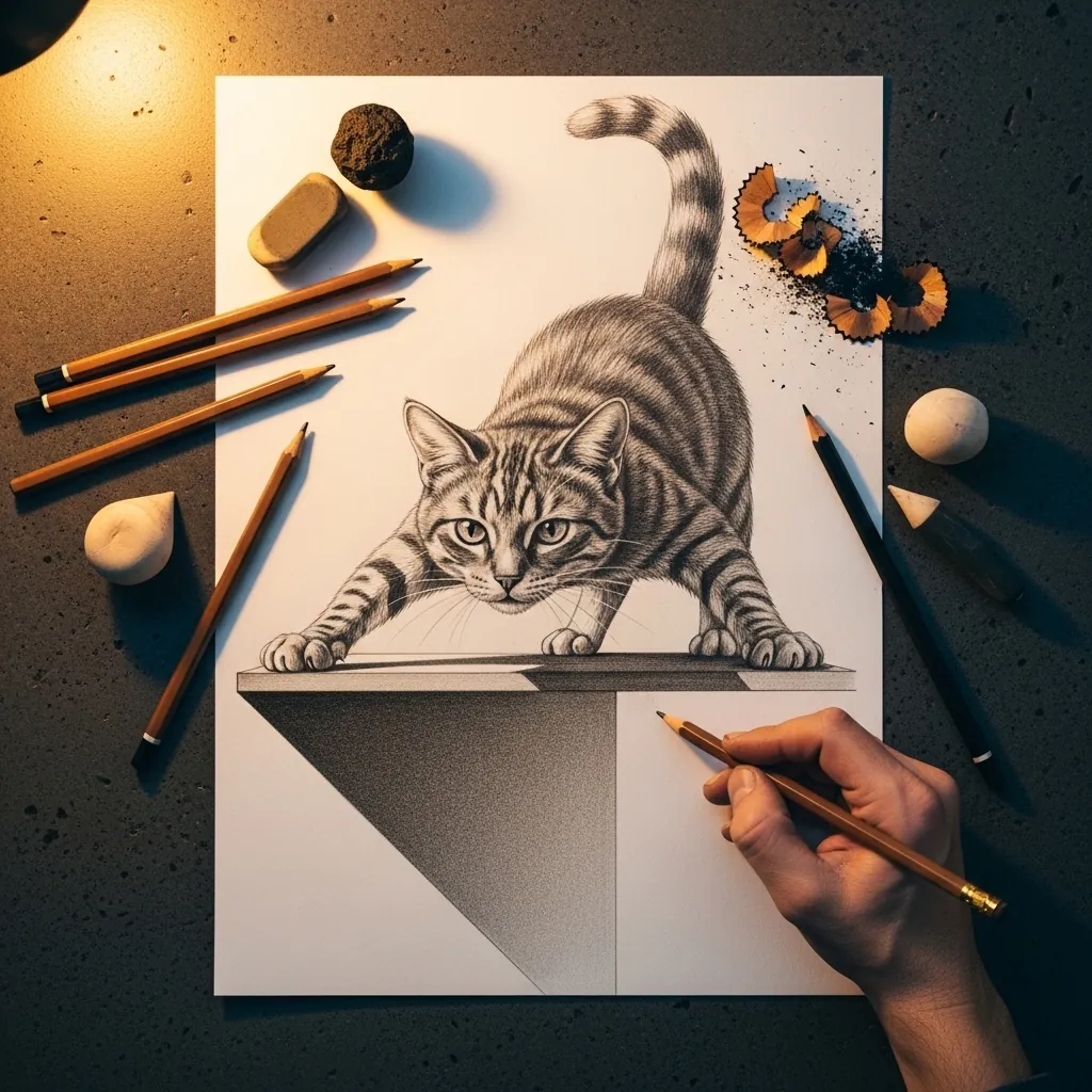 Pencil cat climbing over a folded edge of the paper with a triangular shadow