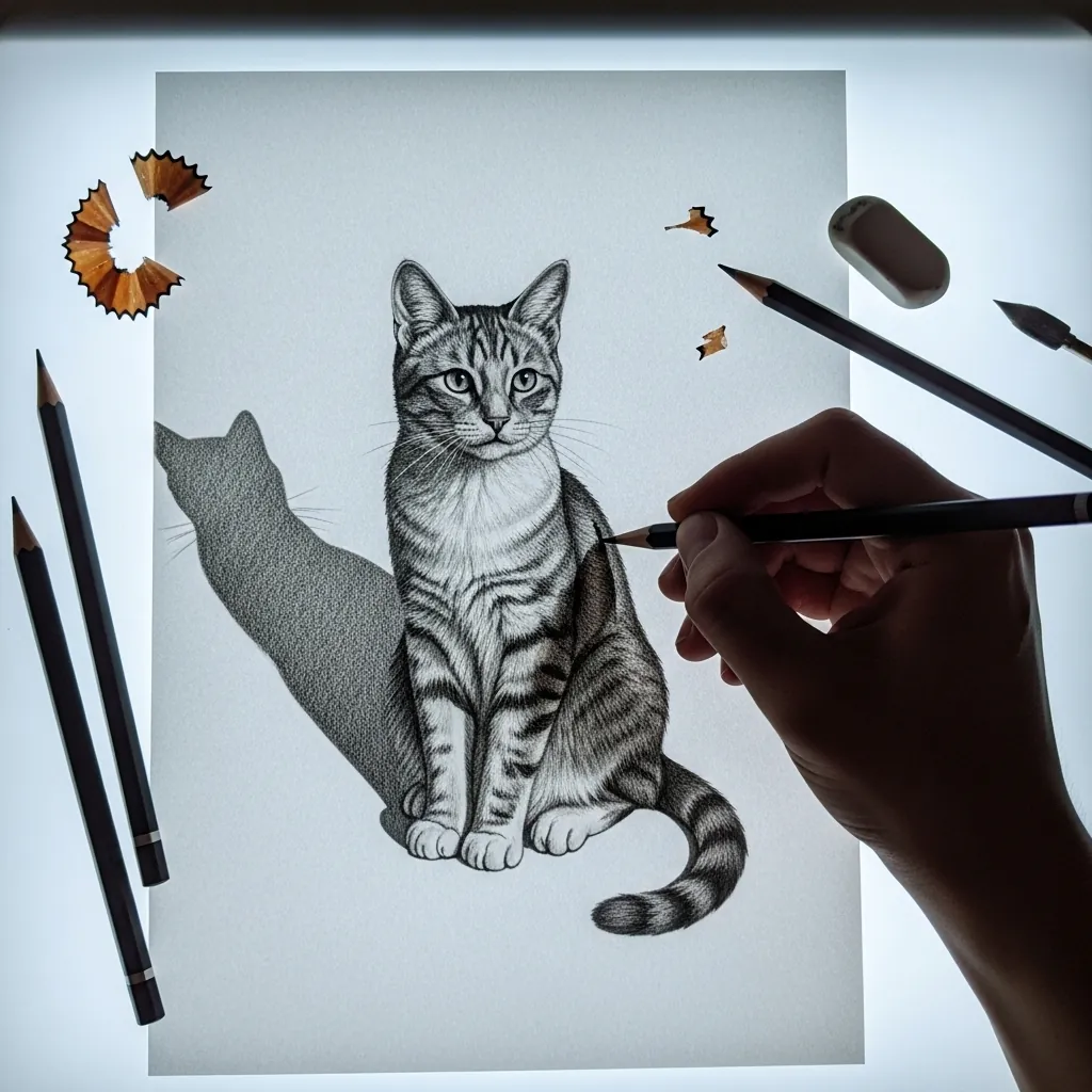 Graphite sitting tabby cat with a flat silhouette shadow cast behind it