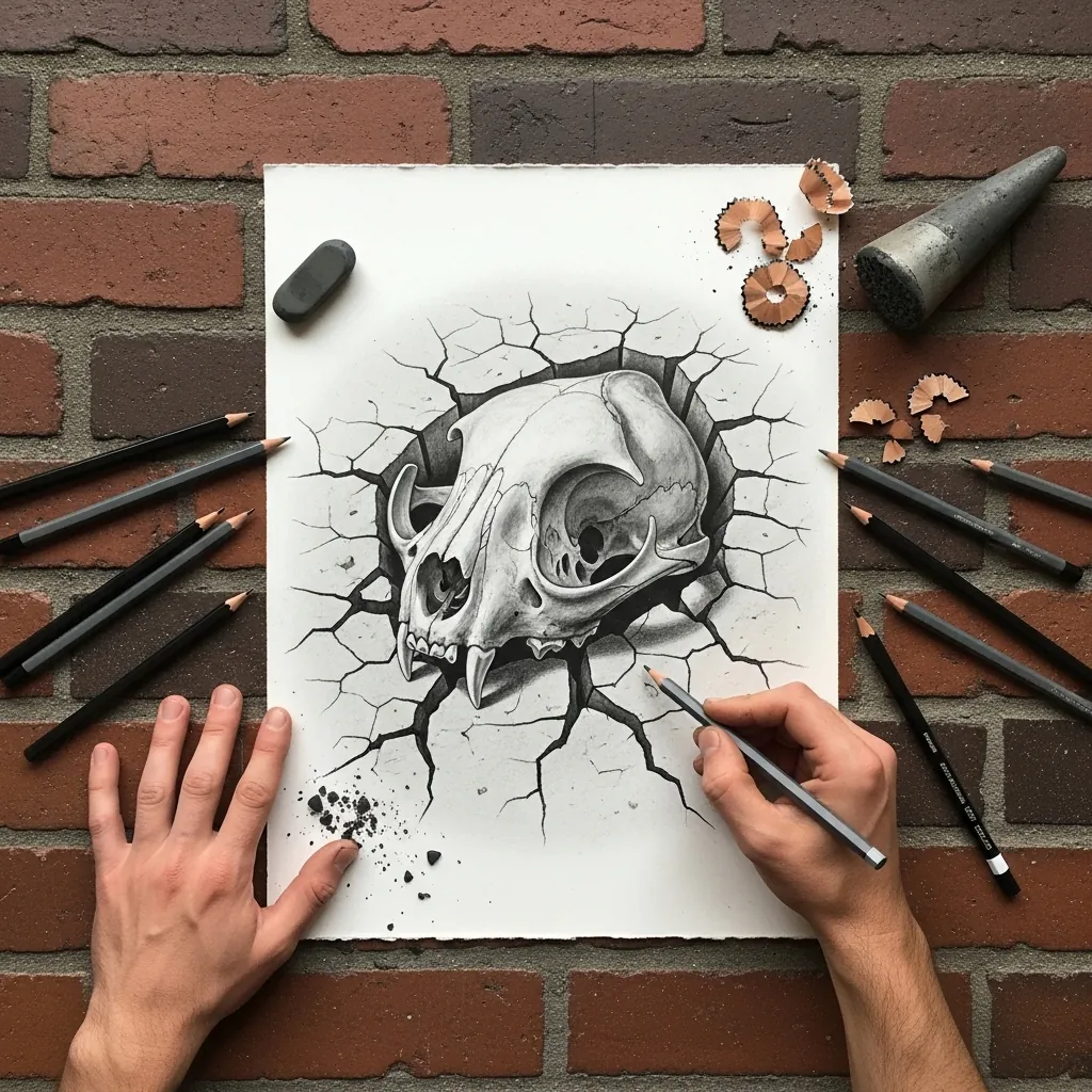 Pencil drawing of a cat skull emerging from a cracked wall on paper