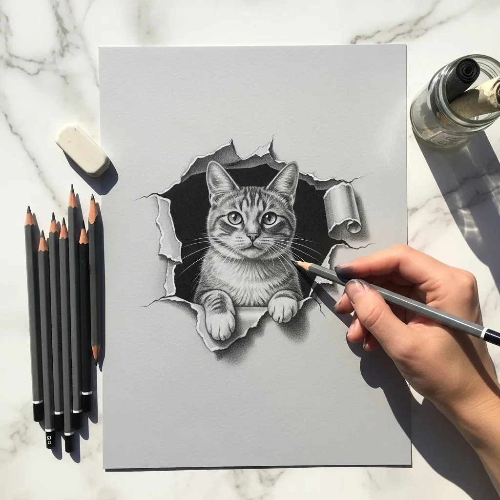 Pencil drawing of a cat emerging through a torn hole in the paper