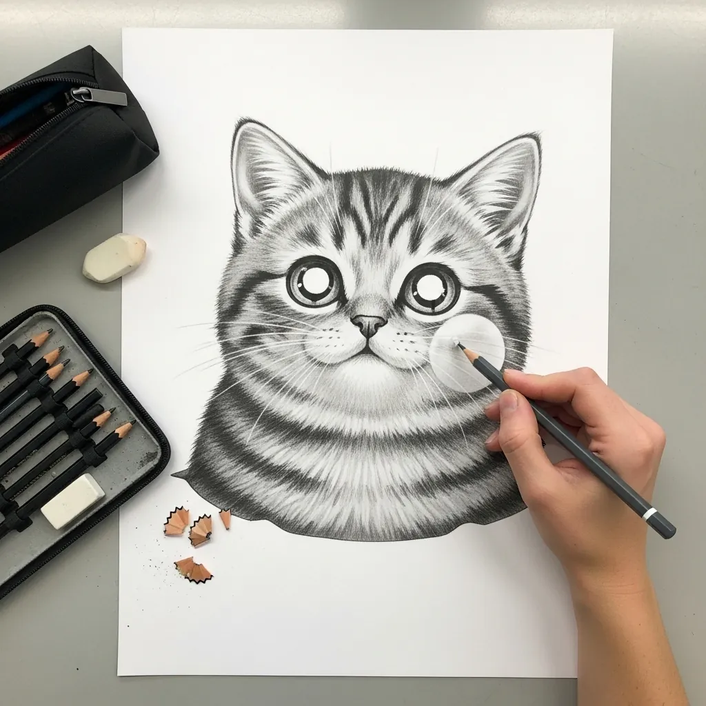 Soft graphite kawaii cat face with oversized round eyes and small nose