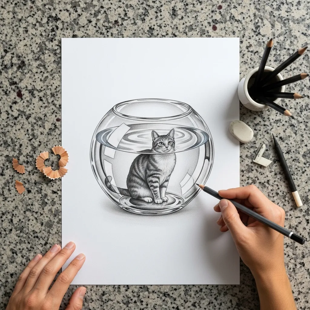 Pencil cat sitting inside a round glass fishbowl with visible reflections
