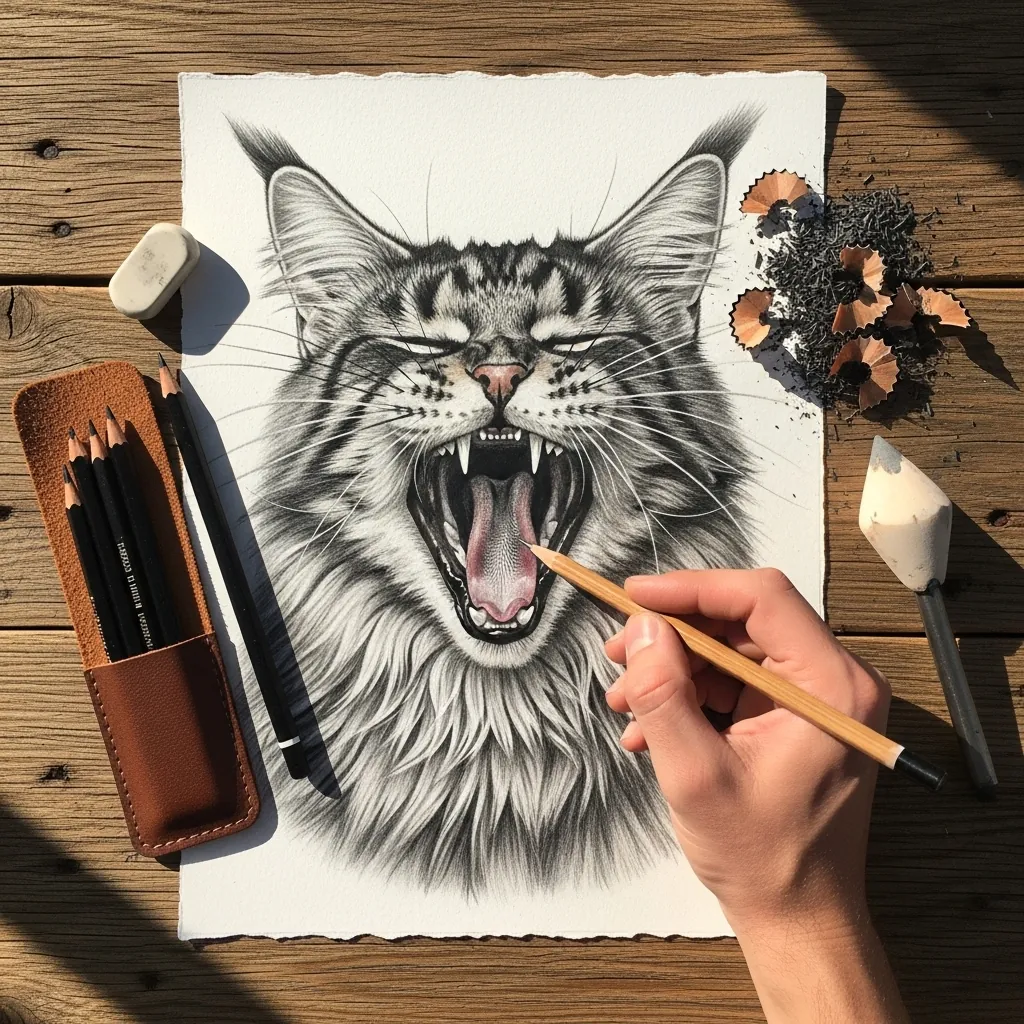 Detailed graphite Maine Coon cat with mouth wide open in a yawn
