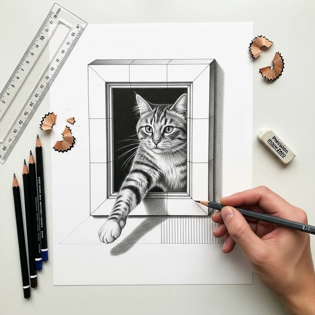 Pencil cat climbing out of a drawn picture frame with a paw crossing the edge