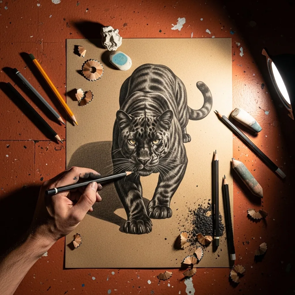 Graphite drawing of a large prowling black cat on warm toned paper