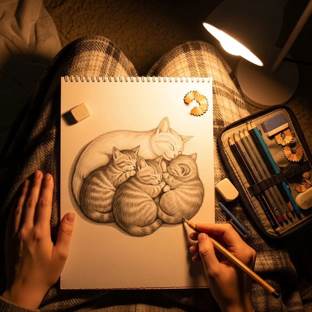 Warm graphite drawing of several cats curled asleep together in a pile