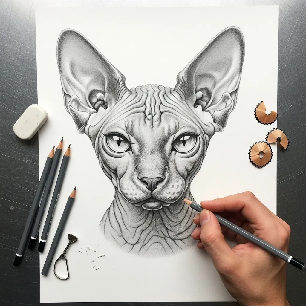 Fine graphite portrait of a hairless sphynx cat showing skin wrinkles