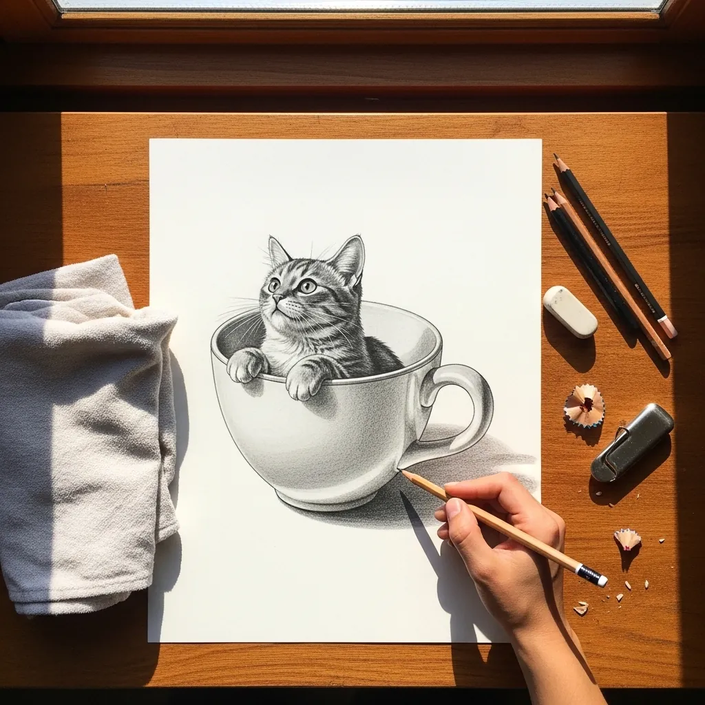 Pencil cat sitting inside an oversized teacup with paws over the rim