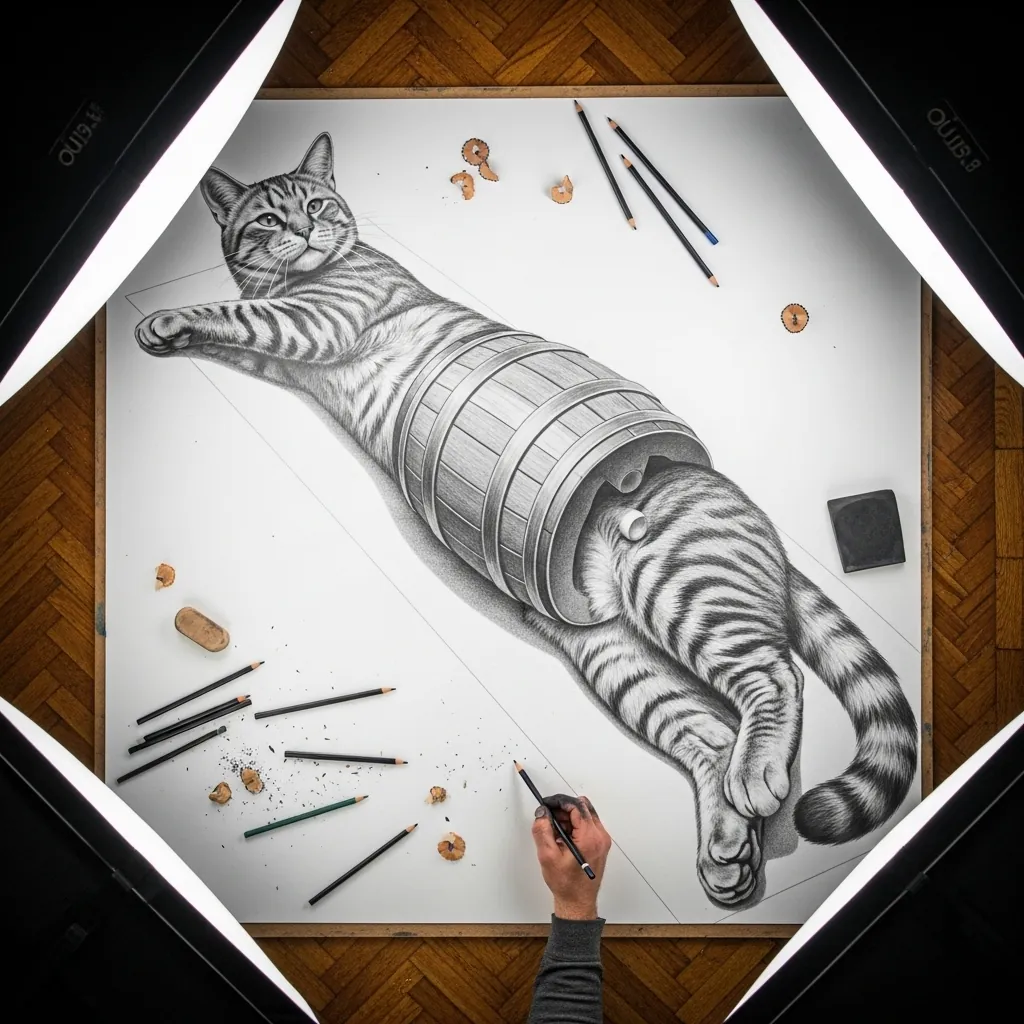 Anamorphic pencil cat lying with a ribbed cylinder wrapped around its middle