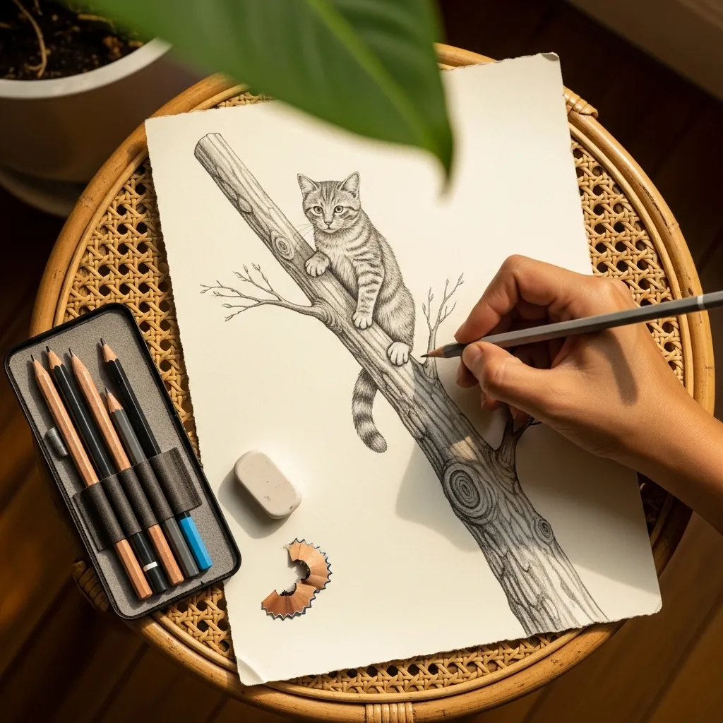Graphite cat crouched along a thick tree branch with textured bark