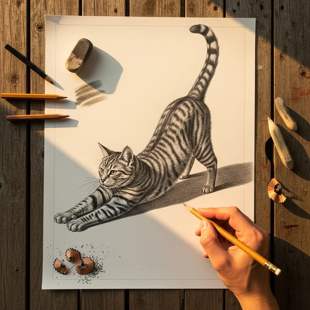 Pencil drawing of a stretching tabby cat with a long diagonal cast shadow