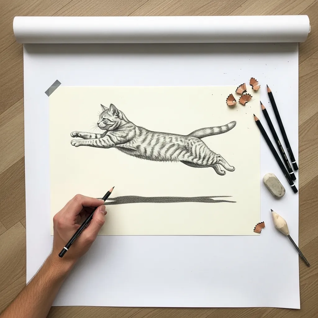 Pencil cat leaping horizontally with a long thin shadow beneath it