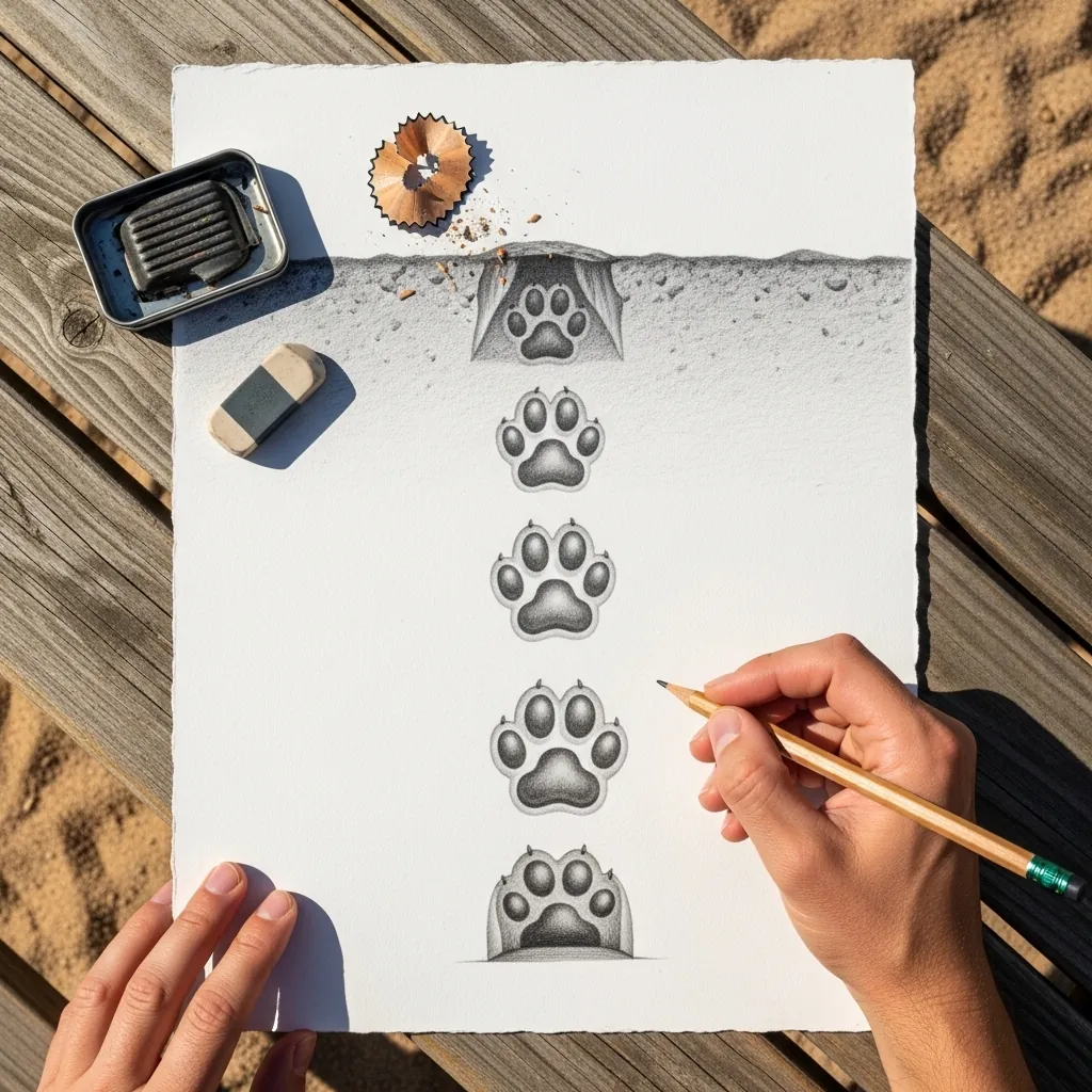 Pencil paw prints receding into a hole in the paper with a shadowed edge