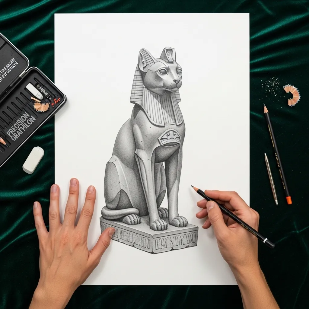 Graphite drawing of an Egyptian Bastet cat statue on a carved plinth
