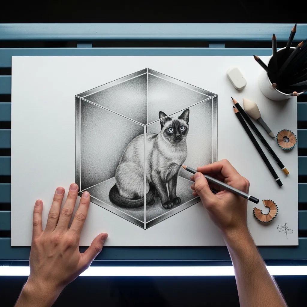 Pencil Siamese cat sitting inside a transparent geometric glass cube