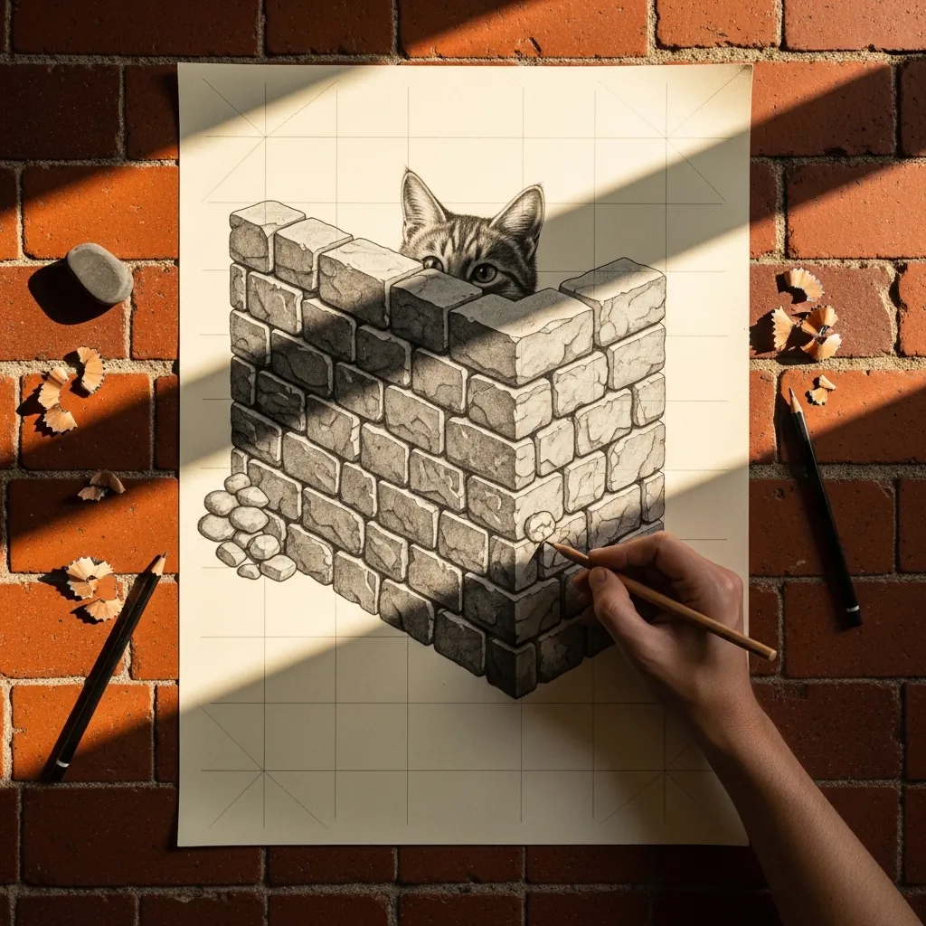 Pencil drawing of a 3D brick wall with a cat peeking over the top