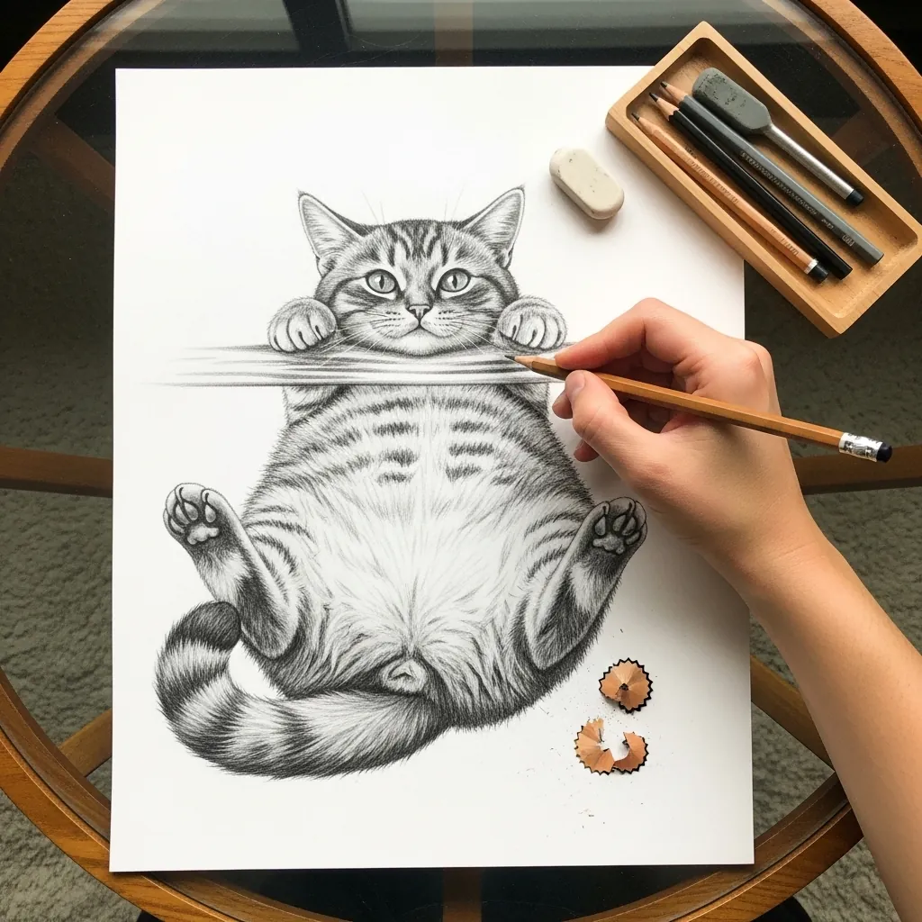 Pencil chubby cat hanging from and gripping the edge of the drawn page