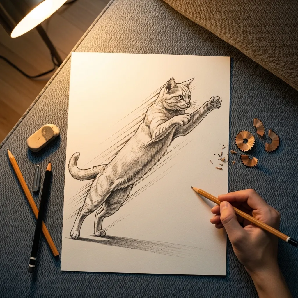 Graphite cat leaping forward with fine speed lines trailing behind it