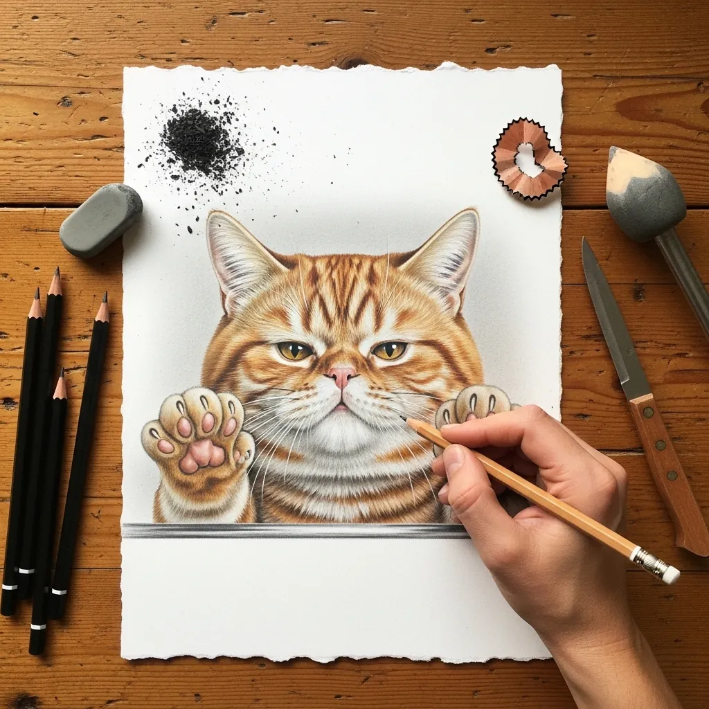 Colored pencil orange cat resting both paws over a drawn horizontal ledge