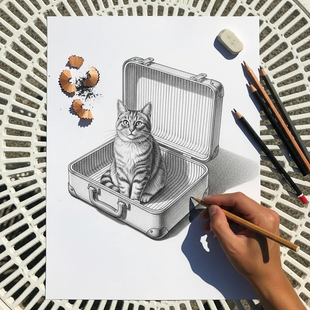 Pencil cat sitting inside an open vintage suitcase drawn in perspective