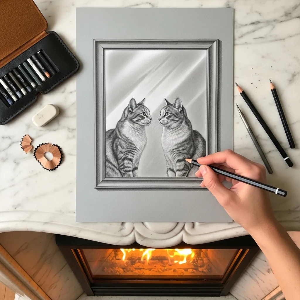 Pencil drawing of a cat and its reflection in an ornate mirror frame