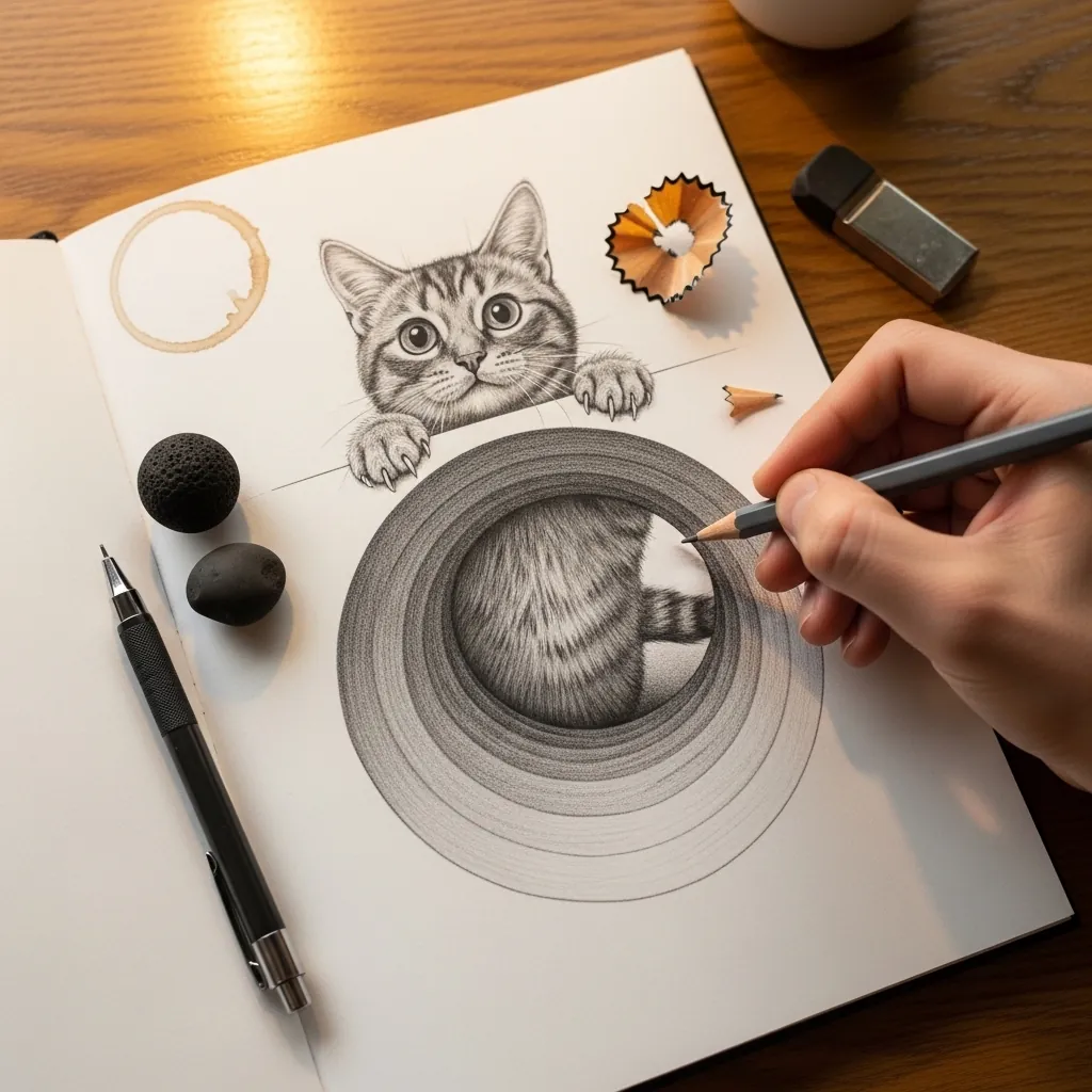 Sketchbook drawing of a kitten peeking over a spiral tunnel drawn on the page