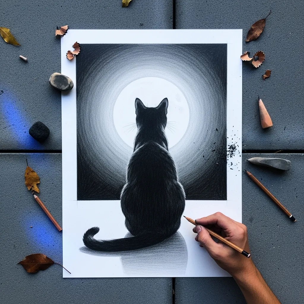 Charcoal black cat seen from behind against a glowing full moon