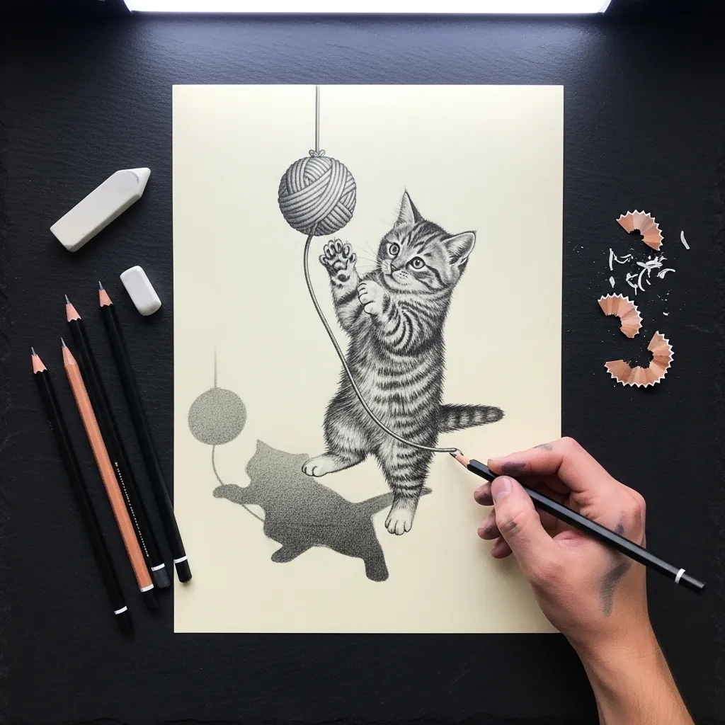 Graphite kitten reaching up for a hanging ball of yarn with a shadow below