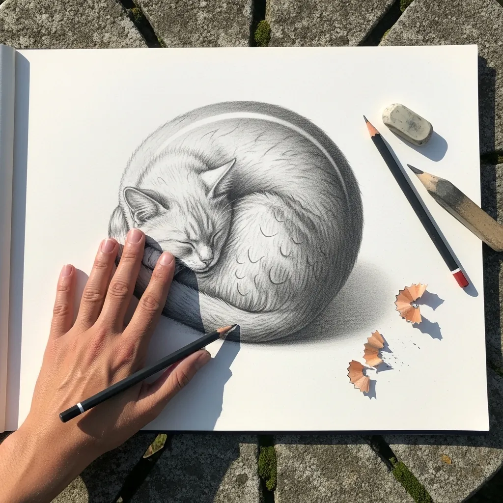 Pencil drawing of a white cat curled asleep on top of a large sphere