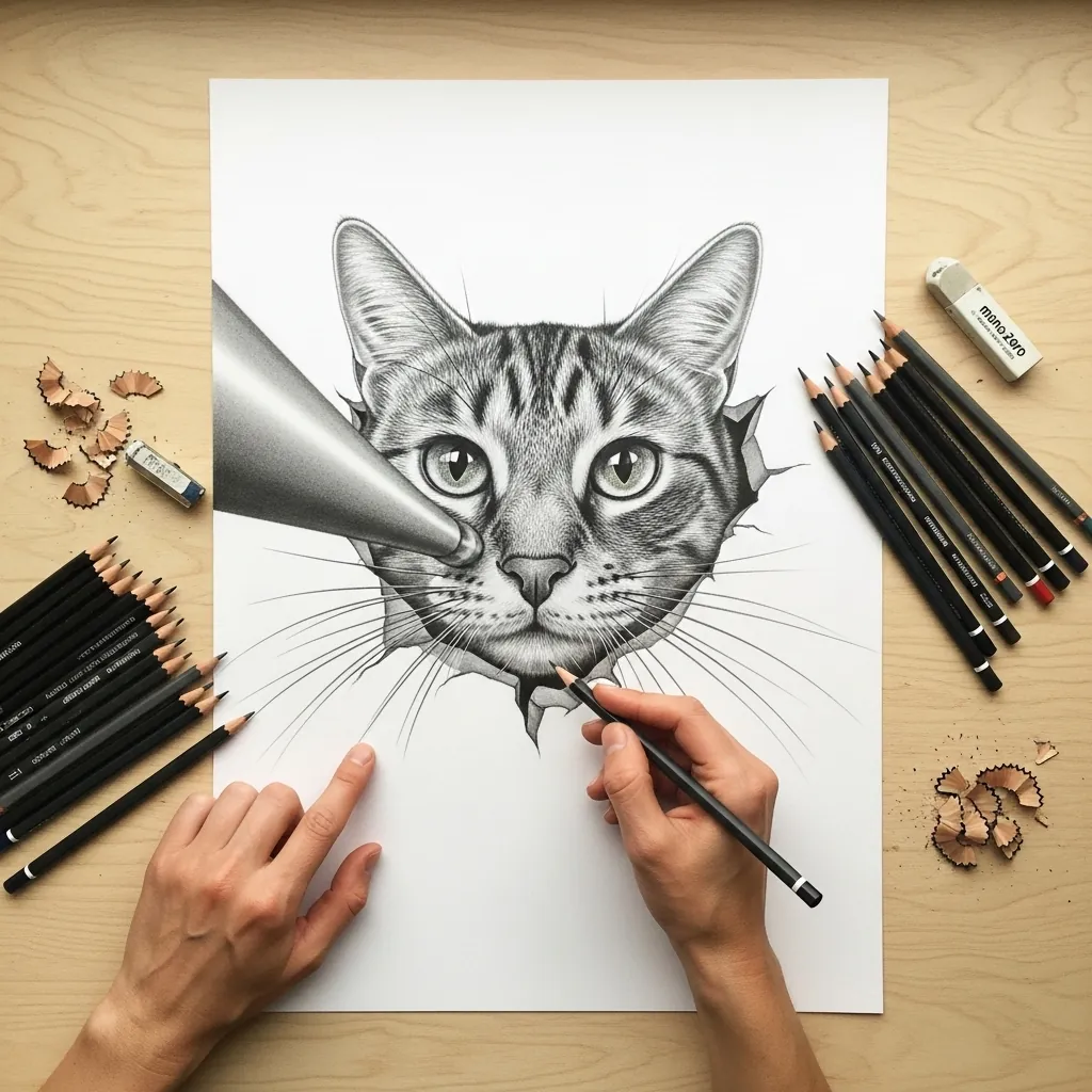 Large graphite cat face pushing forward through a torn sheet of paper