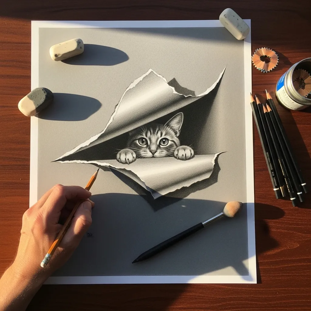 Pencil kitten peeking out from beneath a triangular torn paper flap