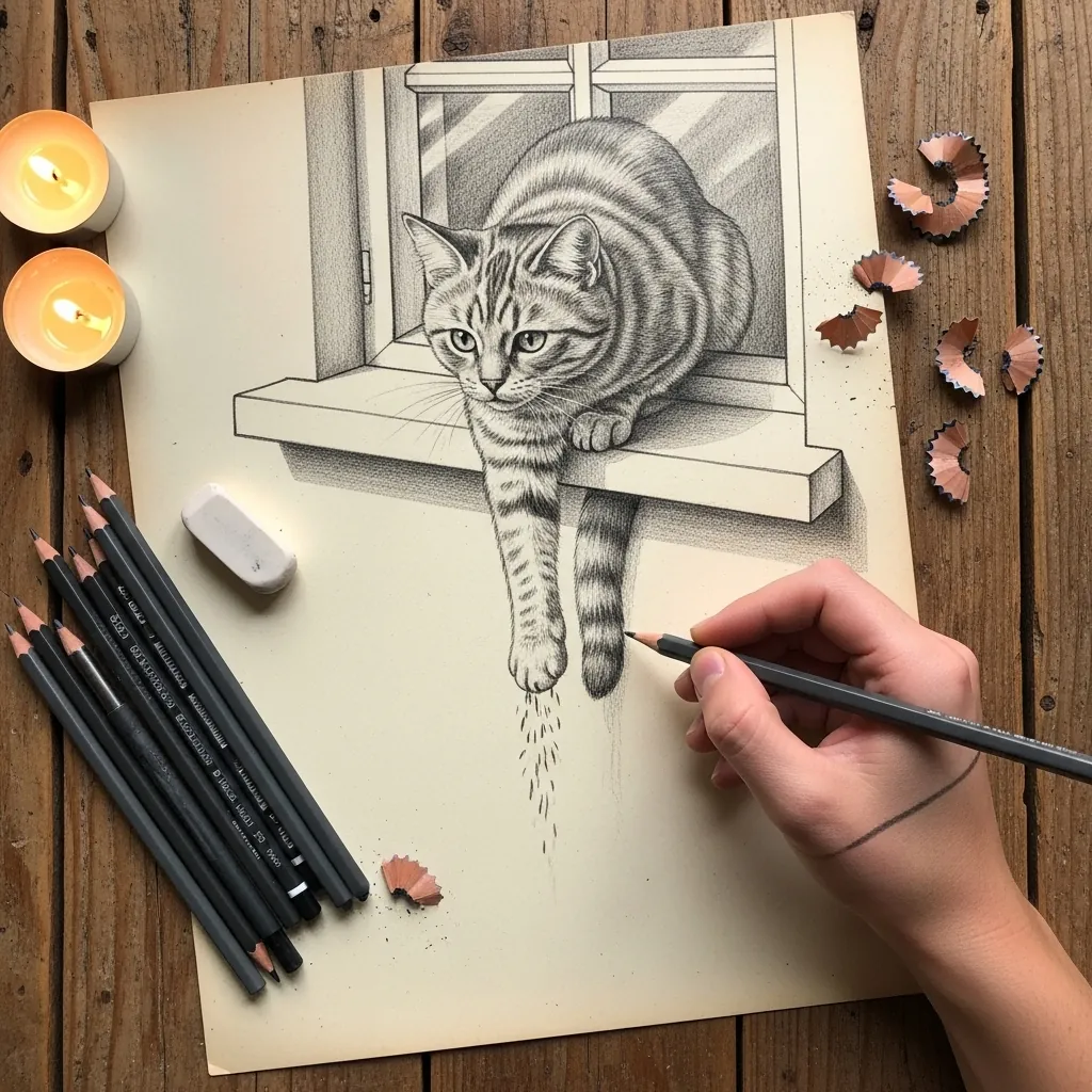 Pencil cat on a drawn windowsill with its tail dissolving down the page