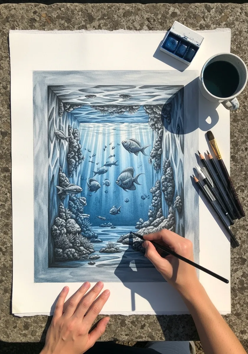Pencil drawing of an underwater scene seen through a rectangular hole in the paper