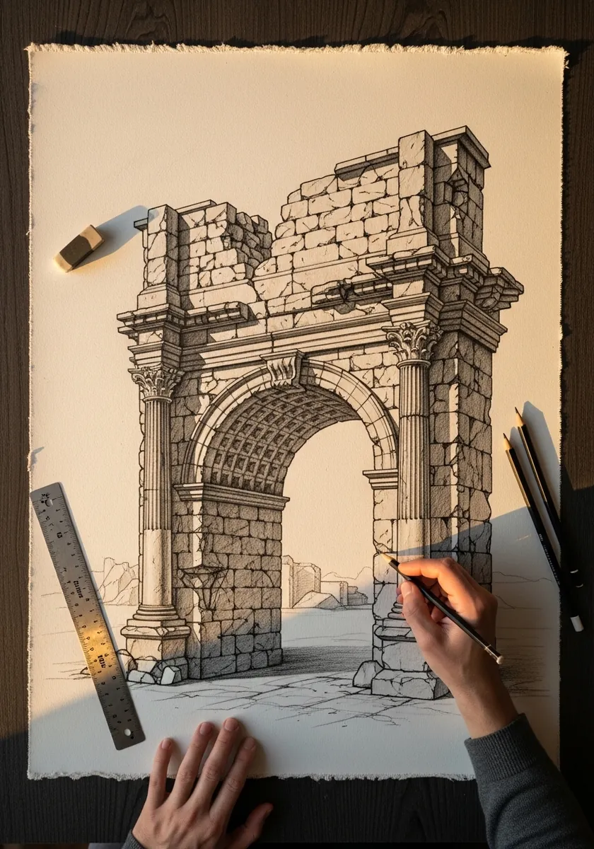 Sepia pencil drawing of a crumbling ancient stone arch in perspective