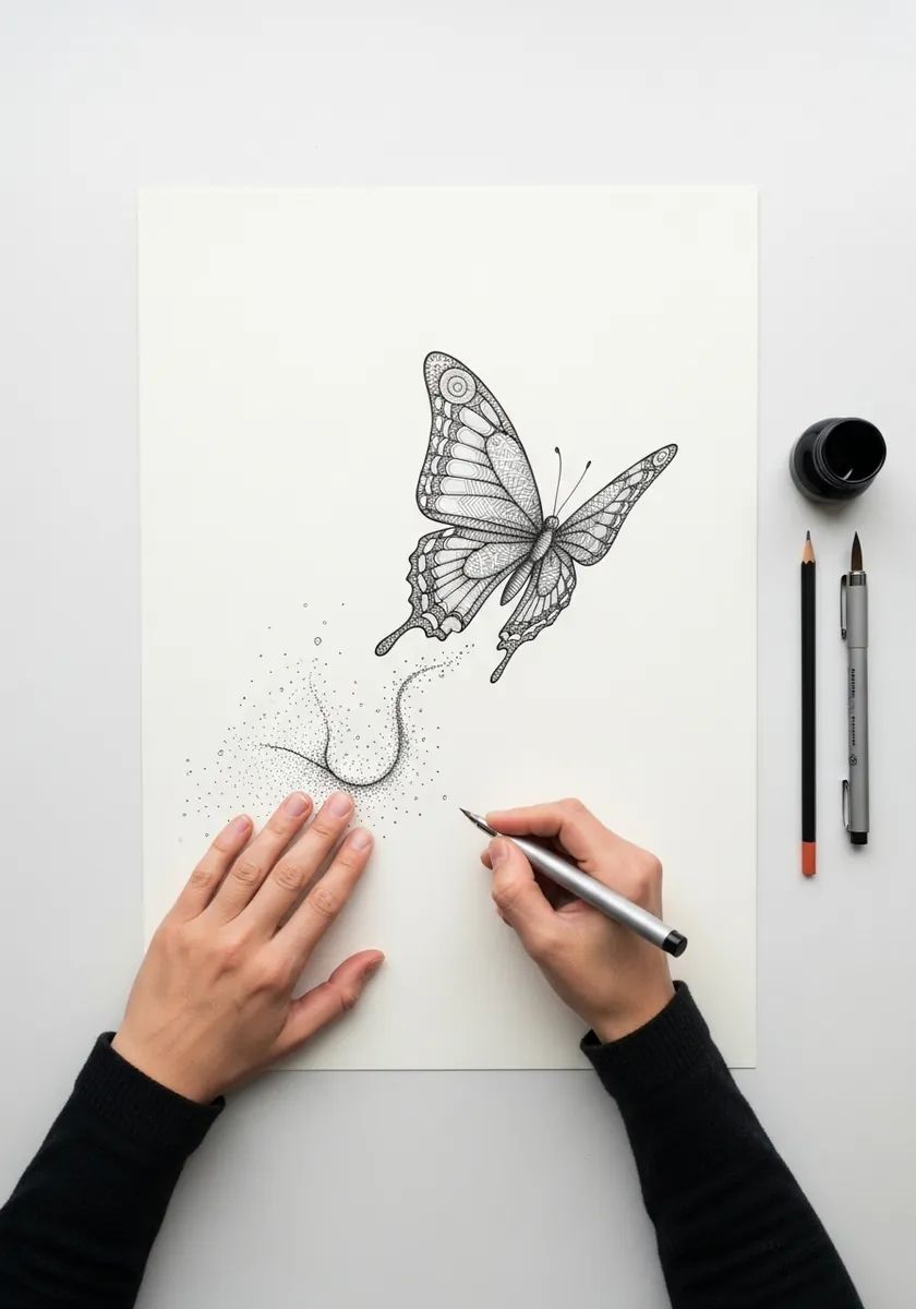 Delicate fine line butterfly with a trail of small dots behind it