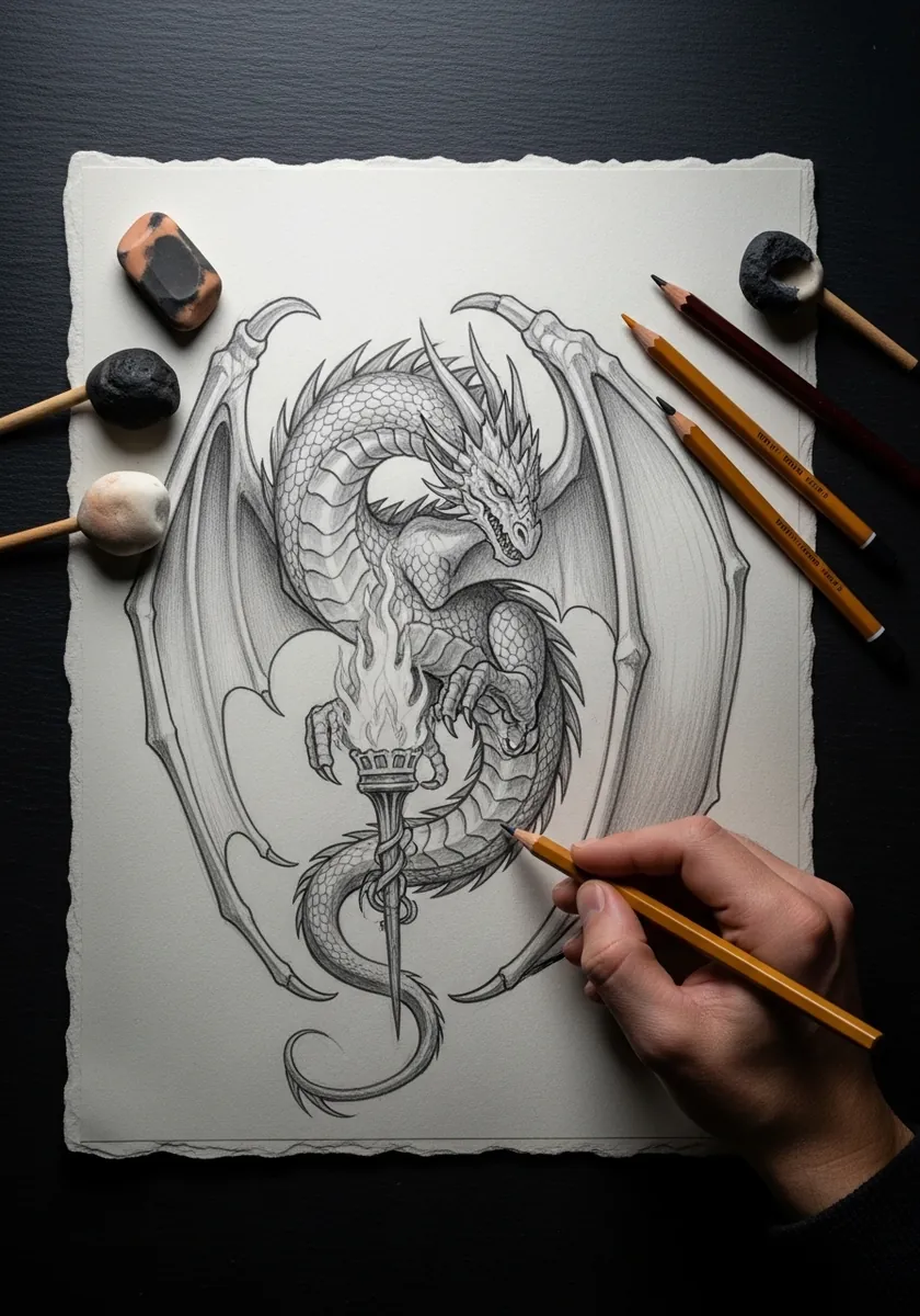 Graphite dragon with spread wings coiled around a burning torch