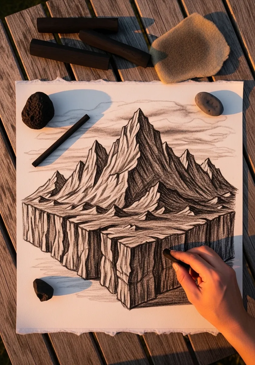 Charcoal mountain range sitting on top of a floating cube of earth