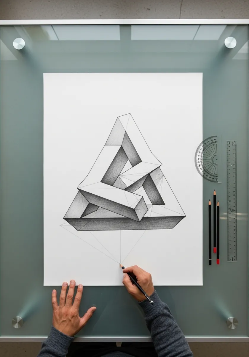 Pencil drawing of an impossible Penrose triangle with smooth shading