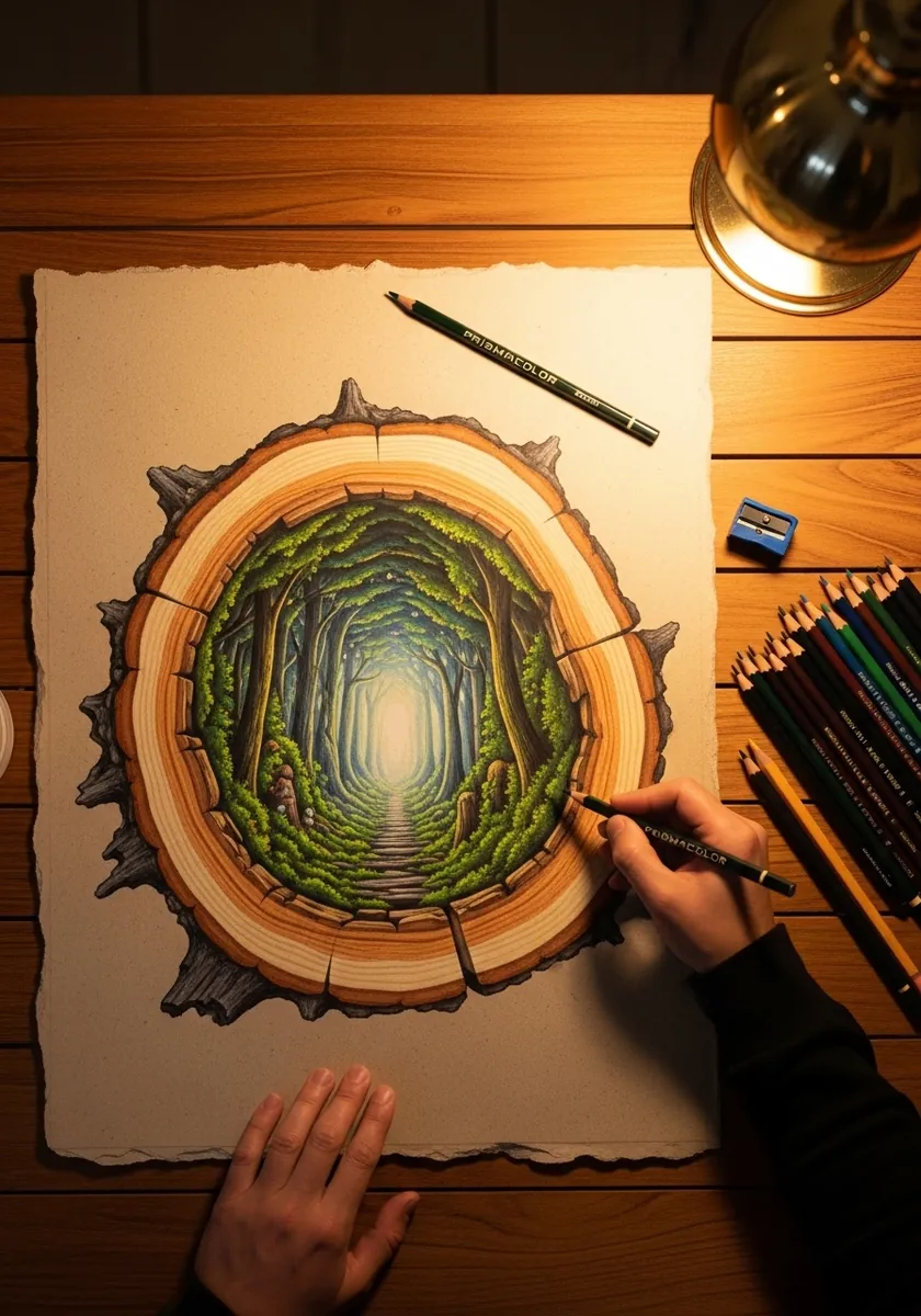 Colored pencil tree cross section opening into a forest tunnel