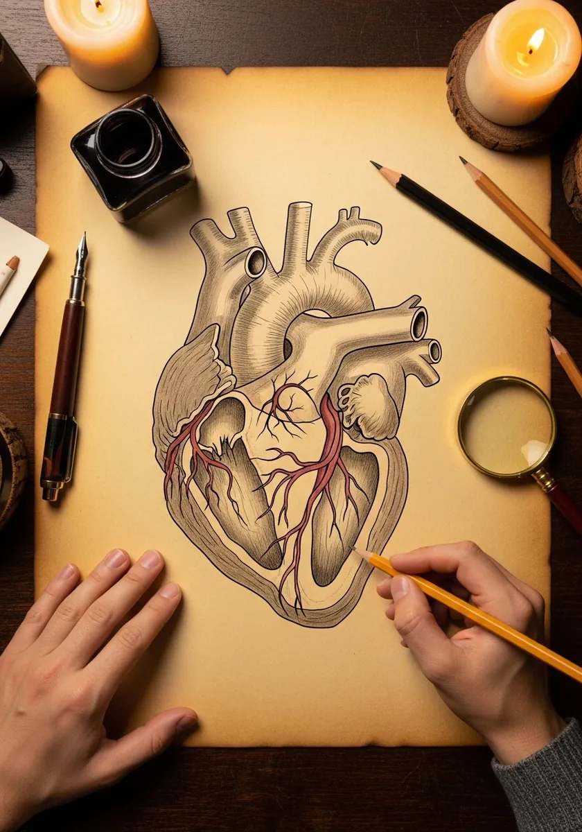 Sepia anatomical heart drawing with red vessels on aged cream paper