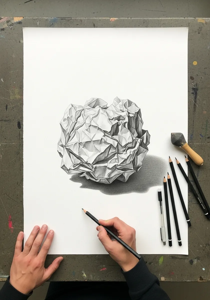 Graphite drawing of a crumpled ball of paper with a soft cast shadow