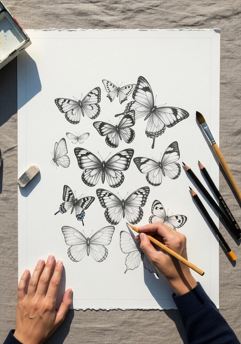Sheet of several detailed graphite butterflies with patterned wings
