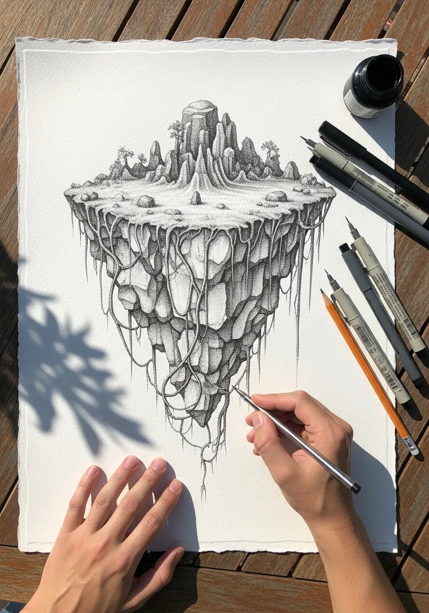 Fine ink drawing of a floating island with rocks and roots trailing beneath it