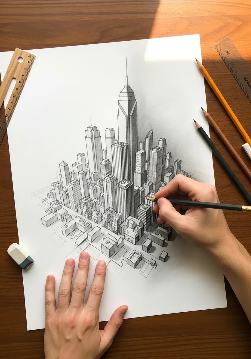 Pencil city skyline of tall buildings drawn in two point perspective