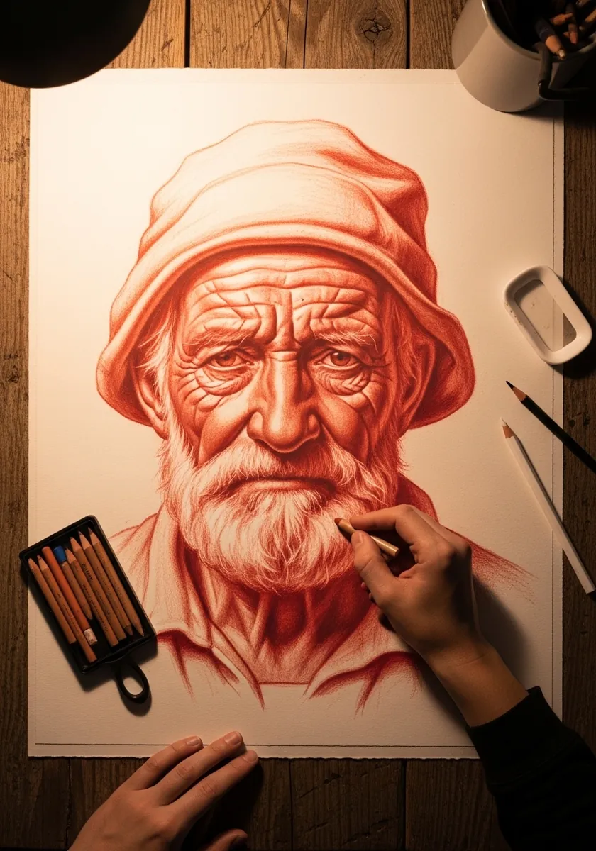 Red chalk sanguine portrait of a bearded old man in a hat