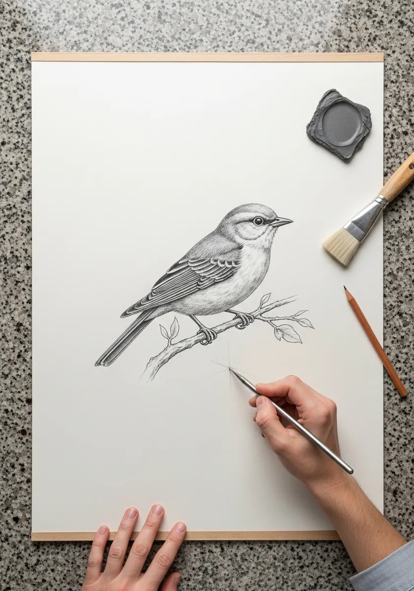Simple graphite drawing of a small bird perched on a thin branch