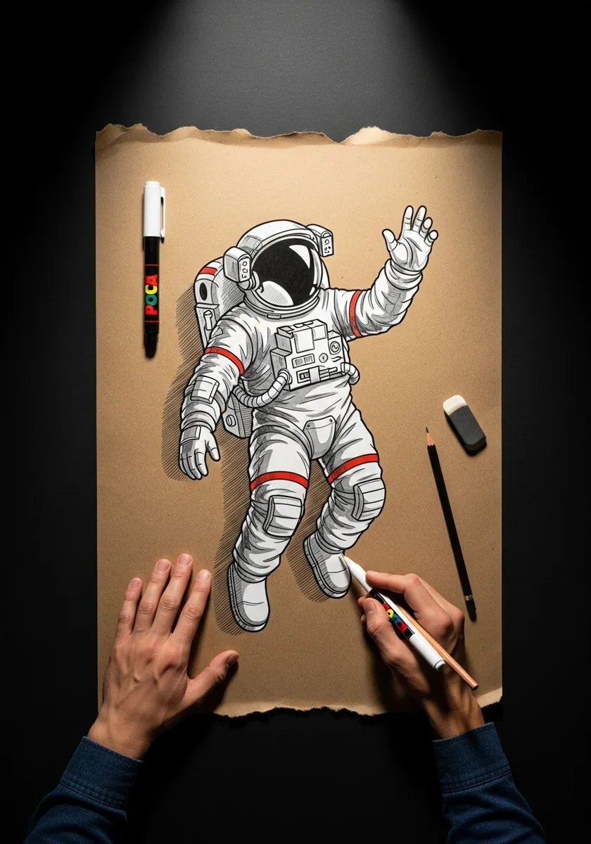 White and red pen drawing of an astronaut floating on brown kraft paper